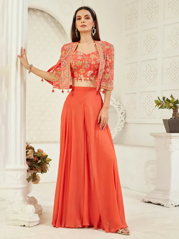 Orange georgette jacket suit with festive detailing