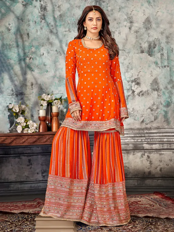 Orange georgette pakistani sharara suit for wedding