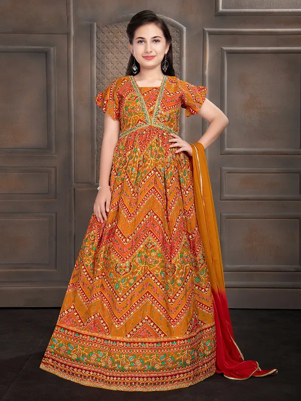 Orange georgette prined gown