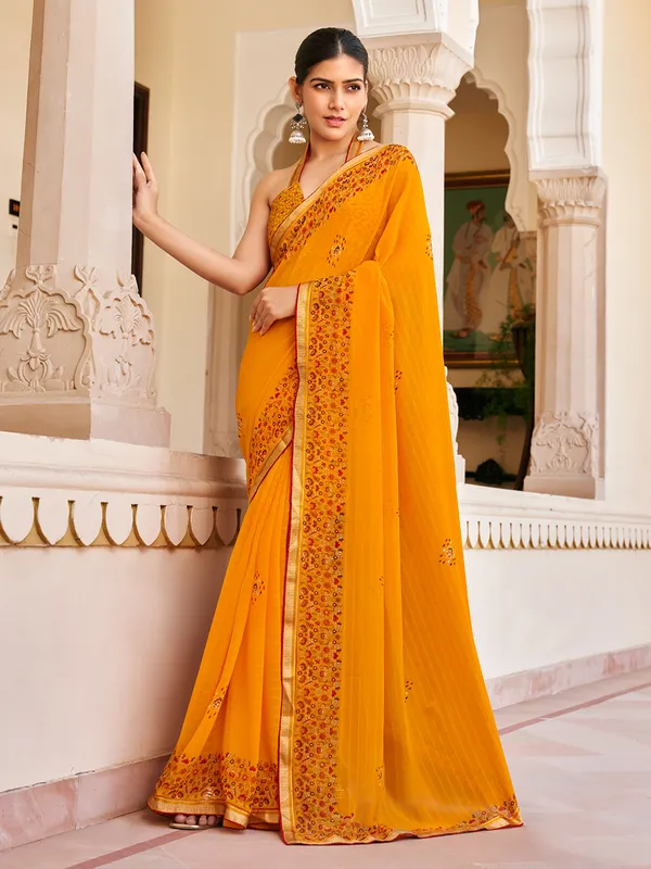 Orange georgette printed saree for women