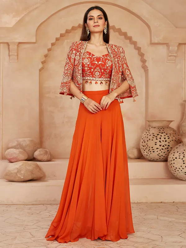 Orange jacket style palazzo suit in georgette for women
