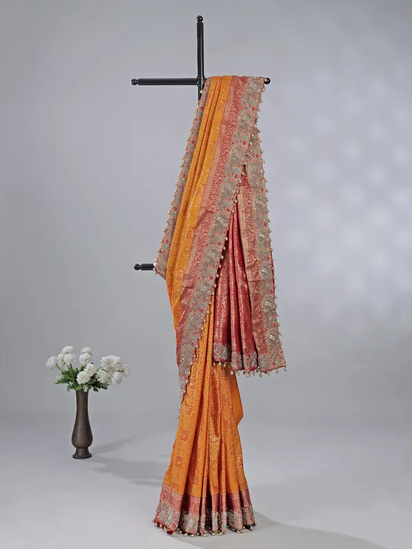 Orange kanjivaram silk saree with unstitched blouse piece