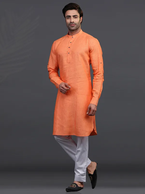 orange linen festive wear kurta suit