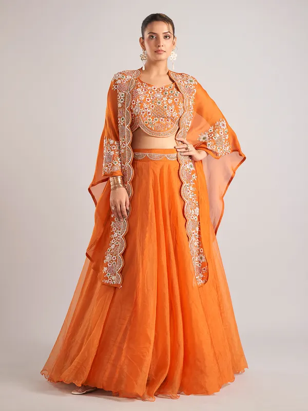 Orange organza shrug lehenga choli with heavy resham work