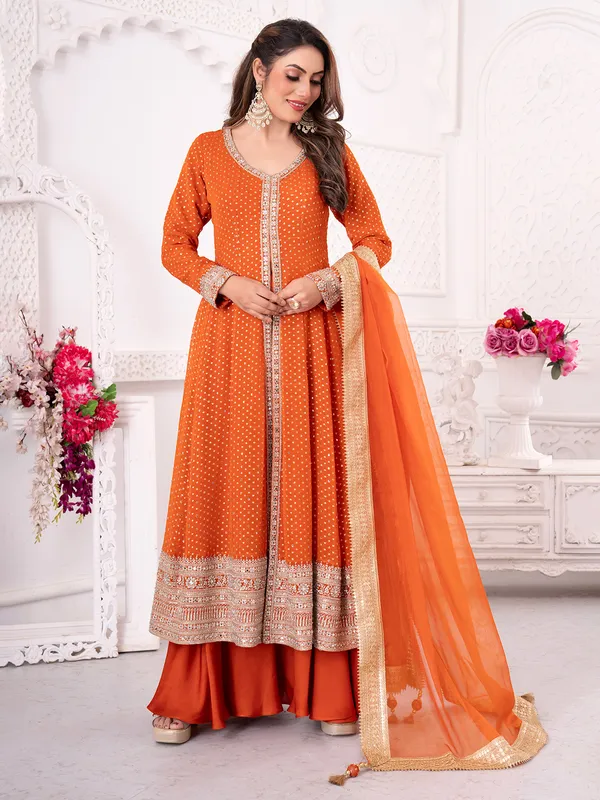 Orange pakistani georgette palazzo set with embroidery