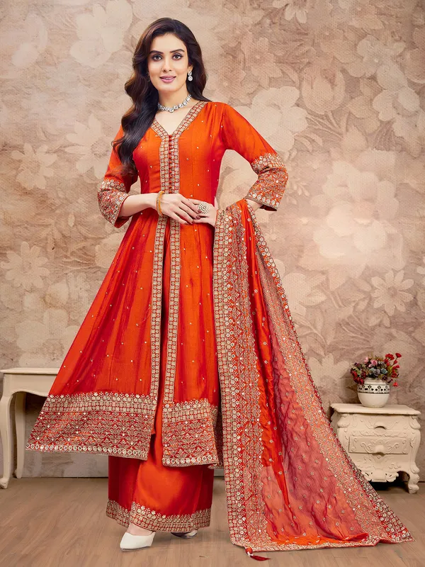 Orange pakistani palazzo suit with resham work