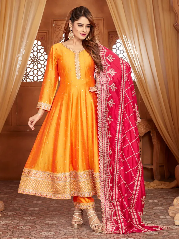 Orange pakistani silk salwar suit for wedding