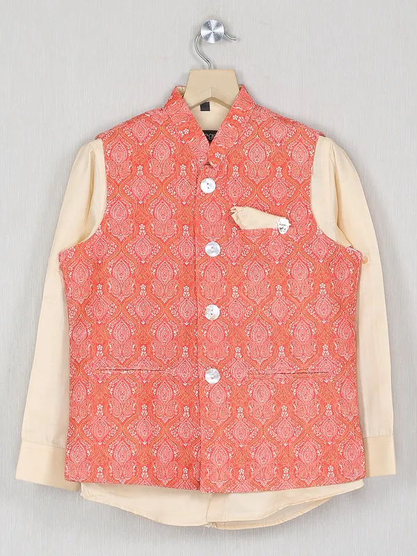 Orange printed boys waistcoat with shirt in cotton silk