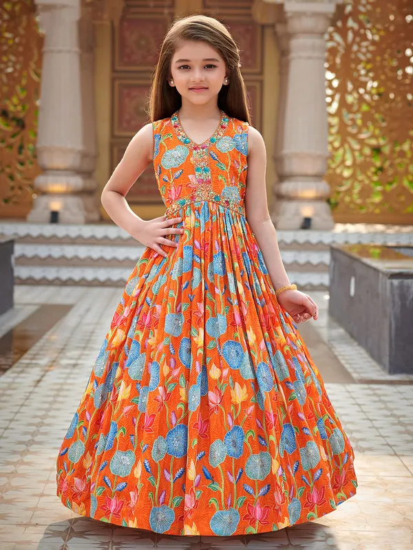 Orange printed cotton silk gown for girls