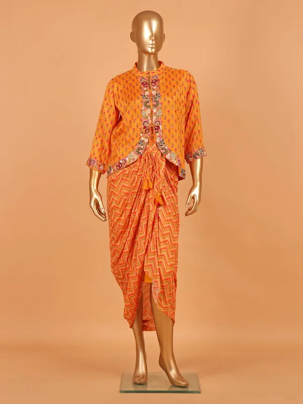 Orange printed jacket style silk salwar suit