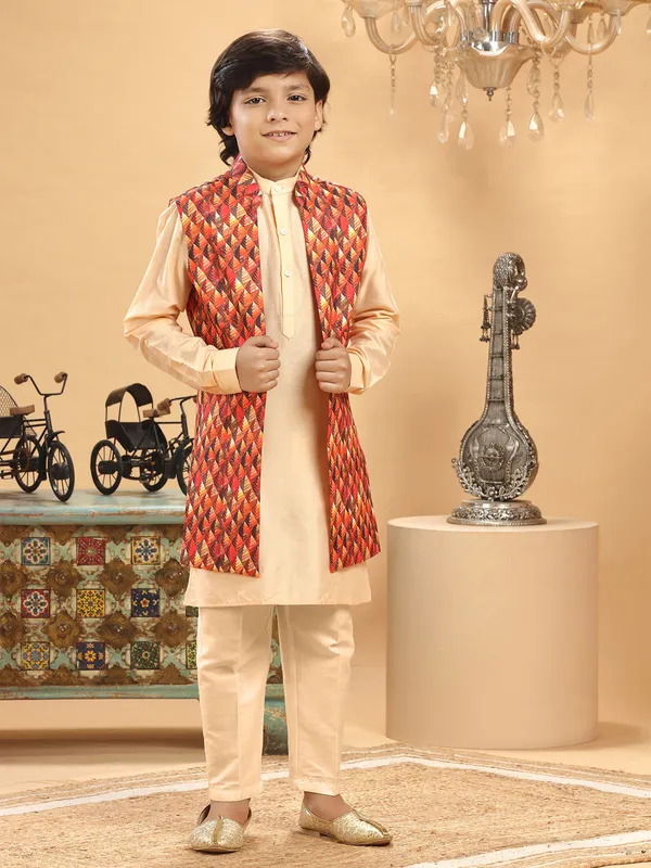 Orange printed open jacket waistcoat set