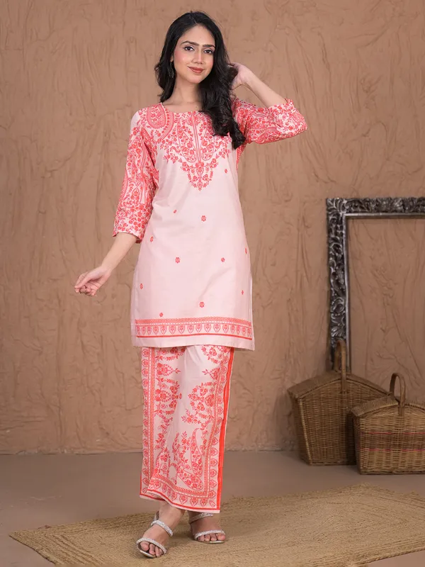Orange printed palazzo kurti set for women