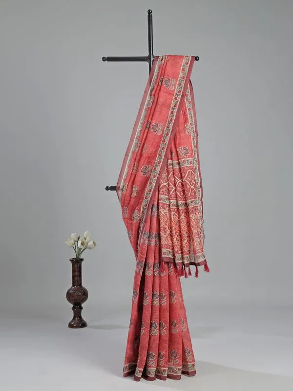 Orange printed semi cotton saree for women