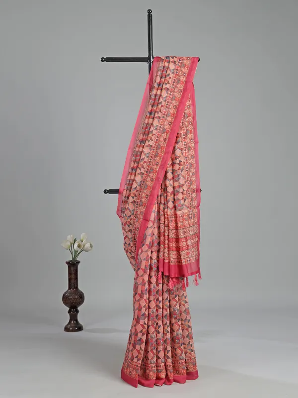 Orange printed semi cotton saree with thread work