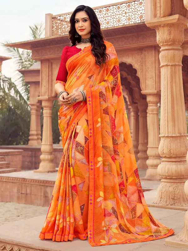 Orange printed shiffon saree