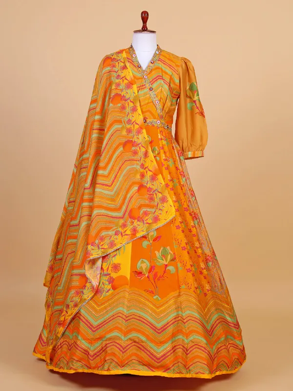 Orange printed silk anarkali salwar suit