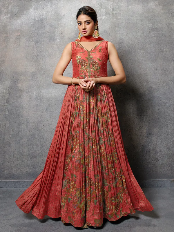 Orange printed silk anarkali suit for women