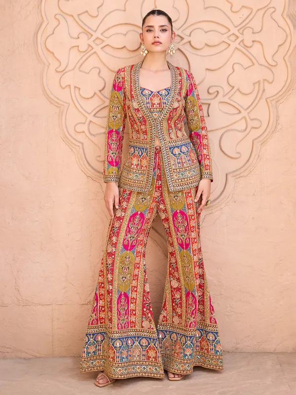 Orange printed silk palazzo suit for wedding