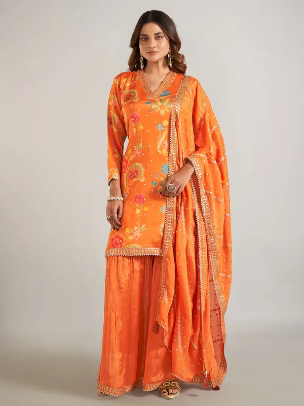 Orange printed silk palazzo suit with dupatta