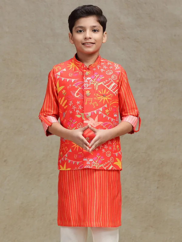 Orange printed waistcoat set in cotton silk for boys