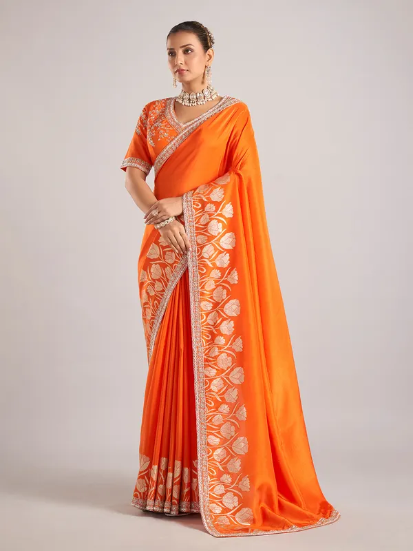 Orange pure dola silk saree with festive detailing