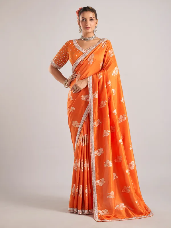 Orange pure dola silk saree with zardosi weaving