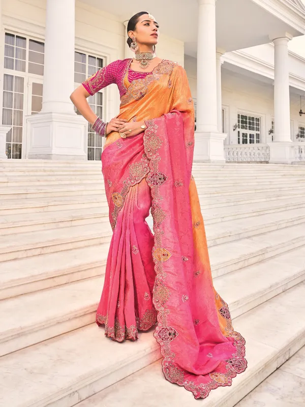 Orange rani crape saree for grand celebrations