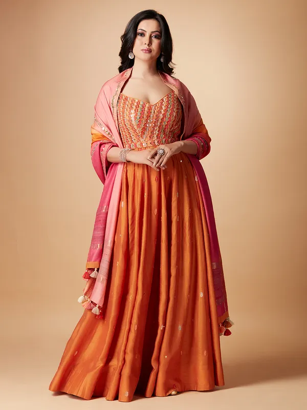 Orange raw silk floor length anarkali suit