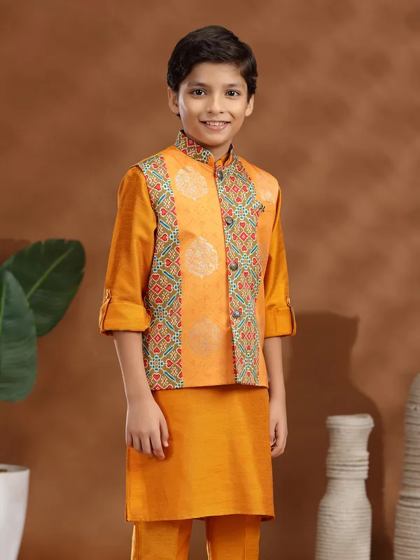 Orange raw silk zari weaving printed waistcoat set