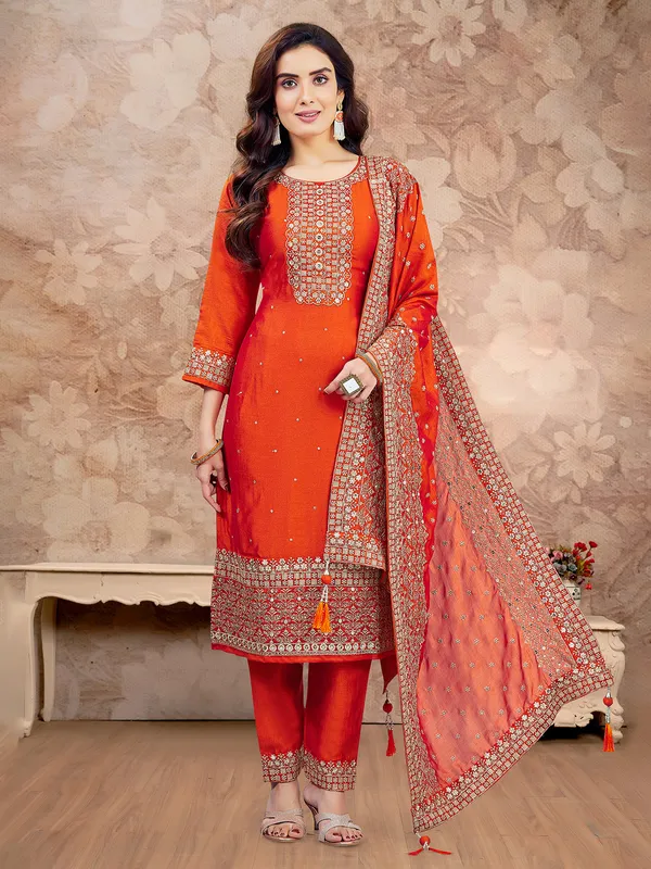 Orange resham worked silk salwar suit