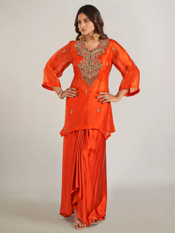 Orange satin silk indowestern style suit
