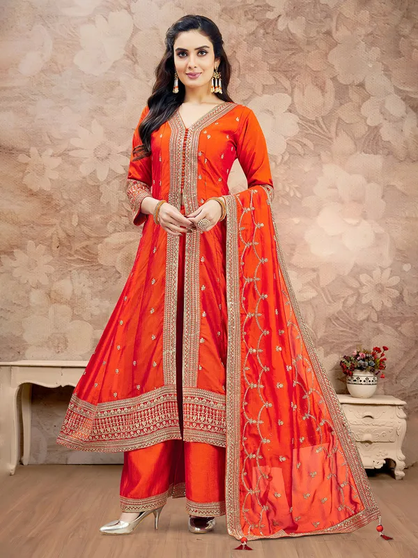 Orange sequins worked silk pakistani palazzo suit