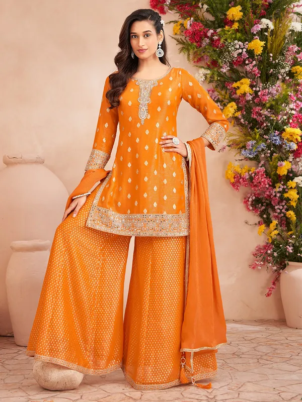 Orange sequins worked silk palazzo suit