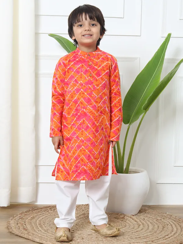 Orange shaded printed cotton kurta suit