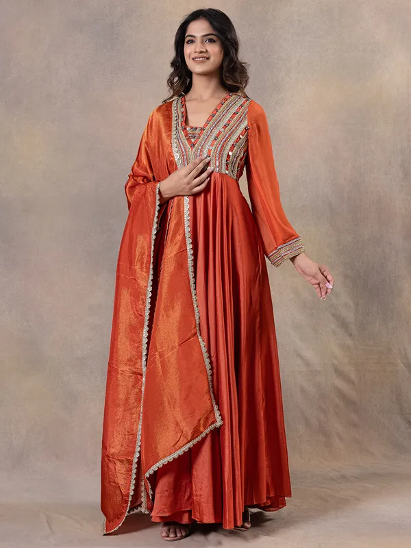 Orange silk anarkali suit for women