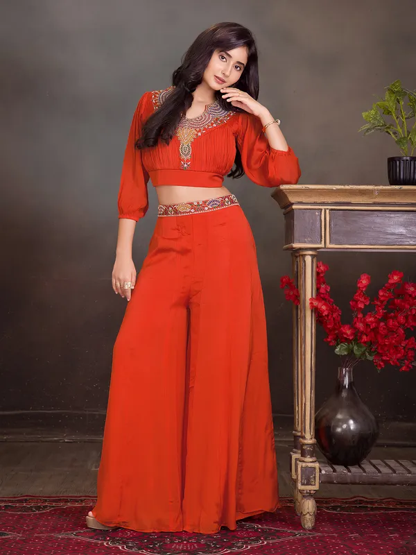Orange silk beaded embroidered palazzo salwar suit