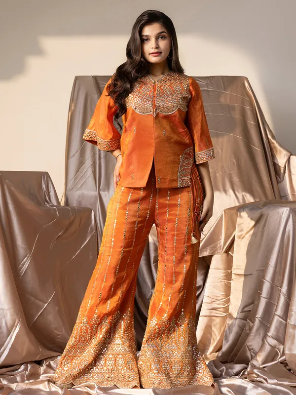 Orange silk festive palazzo suit for girls