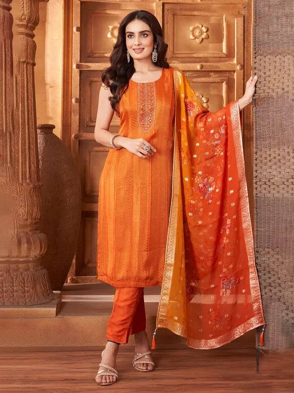 Orange silk festive salwar suit for women