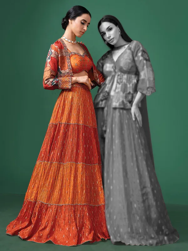 Orange silk jacket style wedding wear lehenga choli