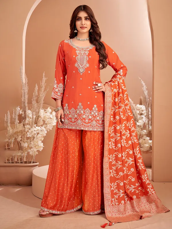 Orange silk palazzo suit with dupatta