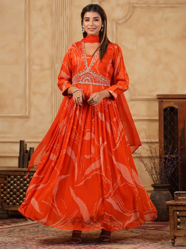 Orange silk printed anarkali salwar suit