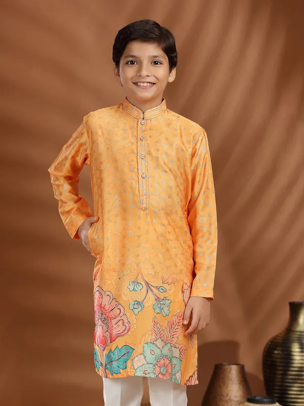 Orange silk printed kurta suit for boys