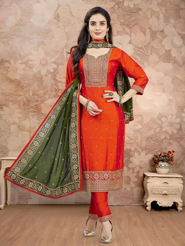 Orange silk resham worked silk salwar suit