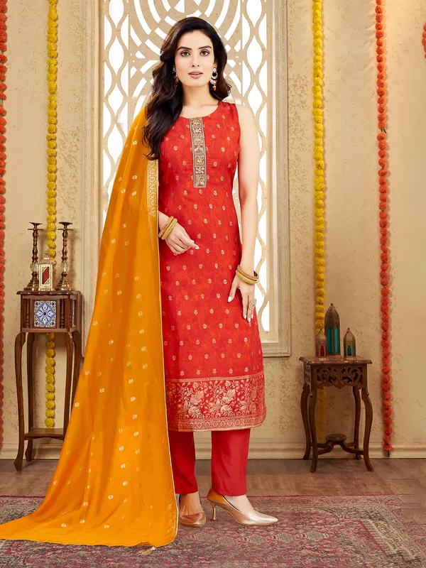 Orange silk salwar suit with zardosi and thread shine