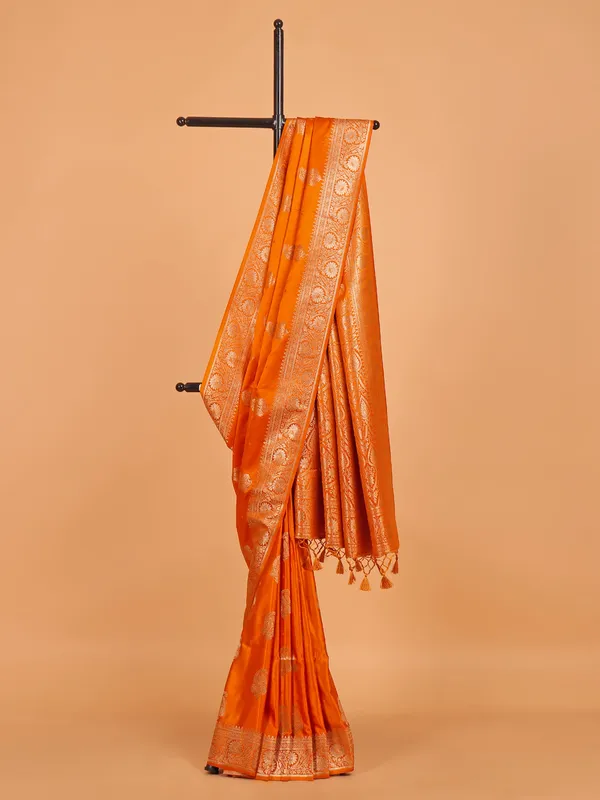Orange silk saree for festive in zari weaving