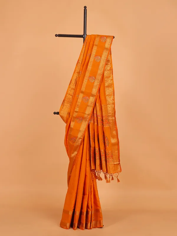 Orange silk zari weaving saree for women
