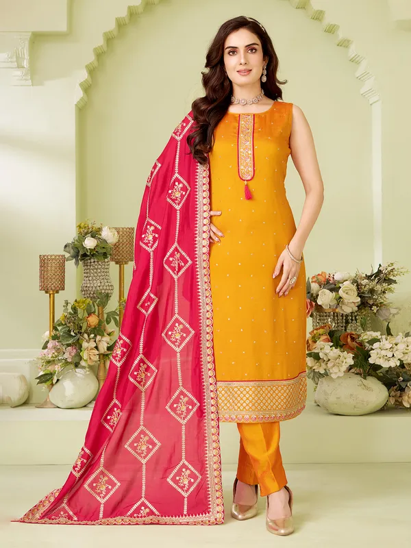 Orange straight cut silk salwar suit with dupatta