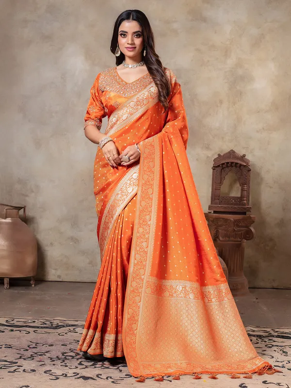 Orange tissue silk saree in zari weaving