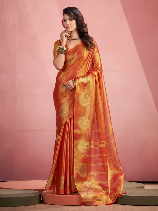 Orange tissue silk saree with zari work