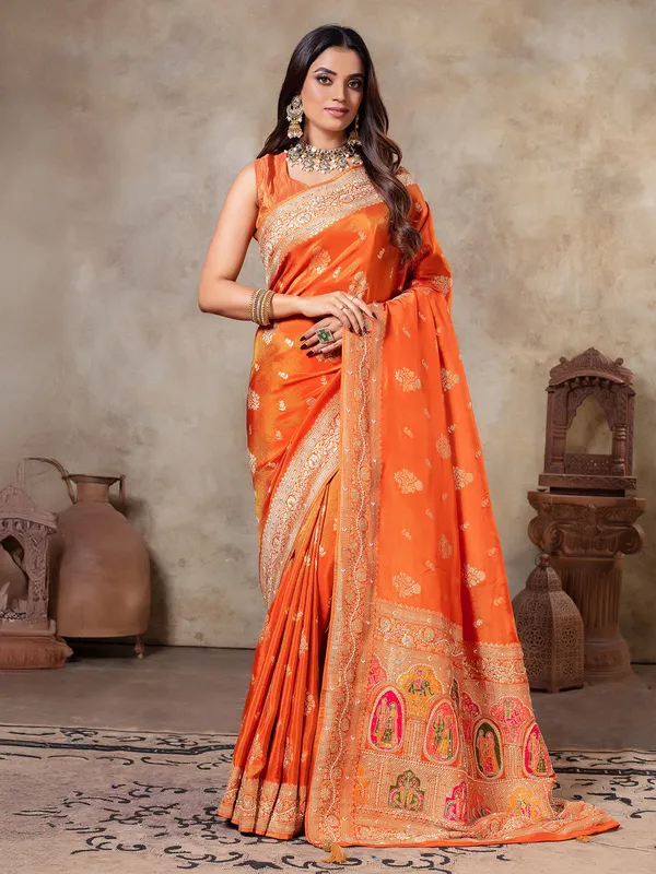 Orange tissue silk zari weaving saree